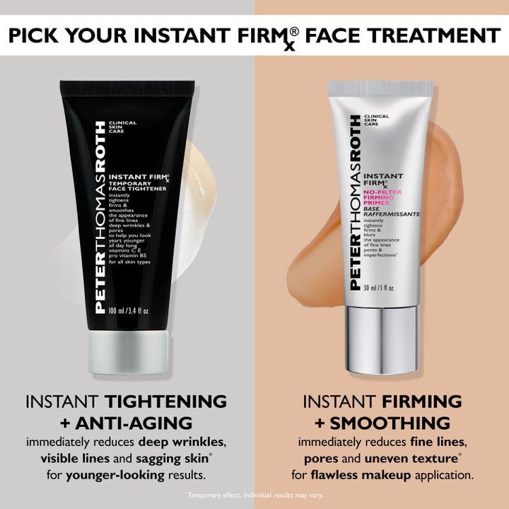 Peter Thomas Roth Instant FIRMx Temporary Face Tightener 100 ml uppstramande serum i svart tub bredvid en silverprimer.