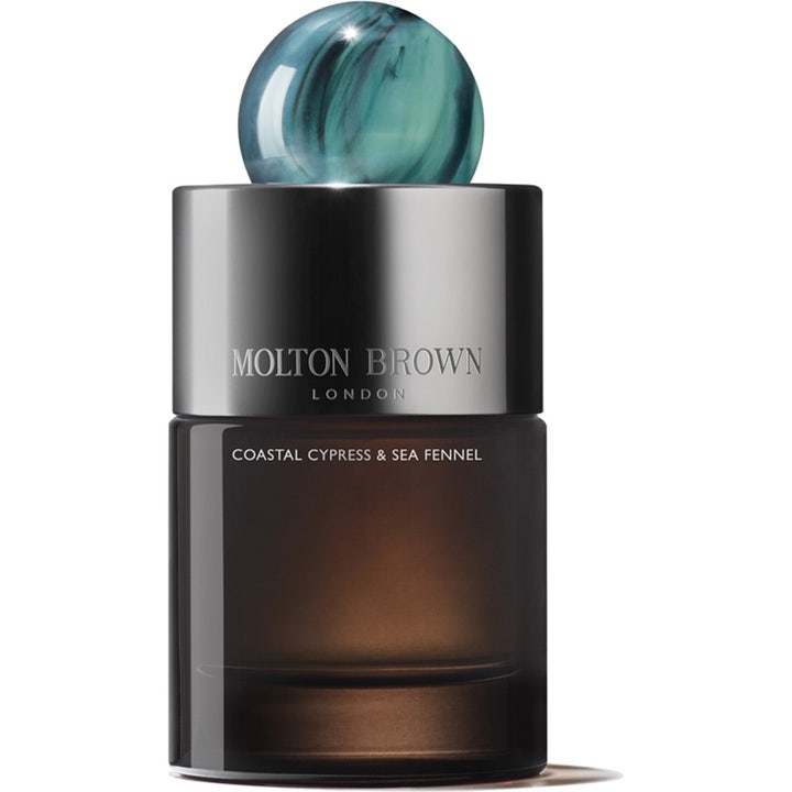 Molton Brown Coastal Cypress & Sea Fennel Eau de Parfum 100 ml aromatisk sommar parfym män i mörk glasflaska med blå kula