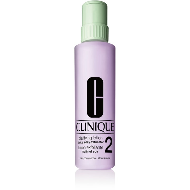 Clinique Clarifying Lotion 2 exfolierande ansiktsvatten i lila flaska med mintgrönt skruvlock som ger lyster.