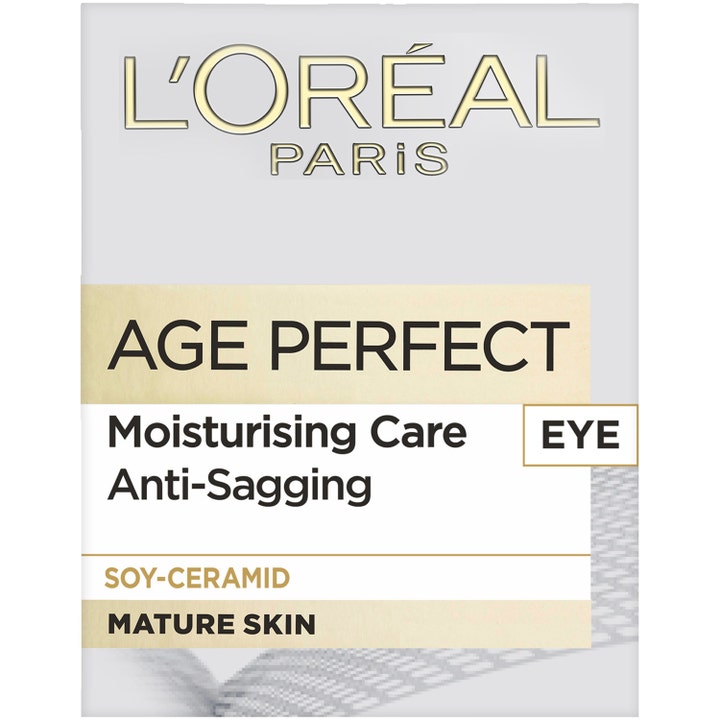 L'Oréal Paris Age Perfect 15 ml anti-aging återfuktande ögonkräm mot påsar i vit och guld ytterförpackning.
