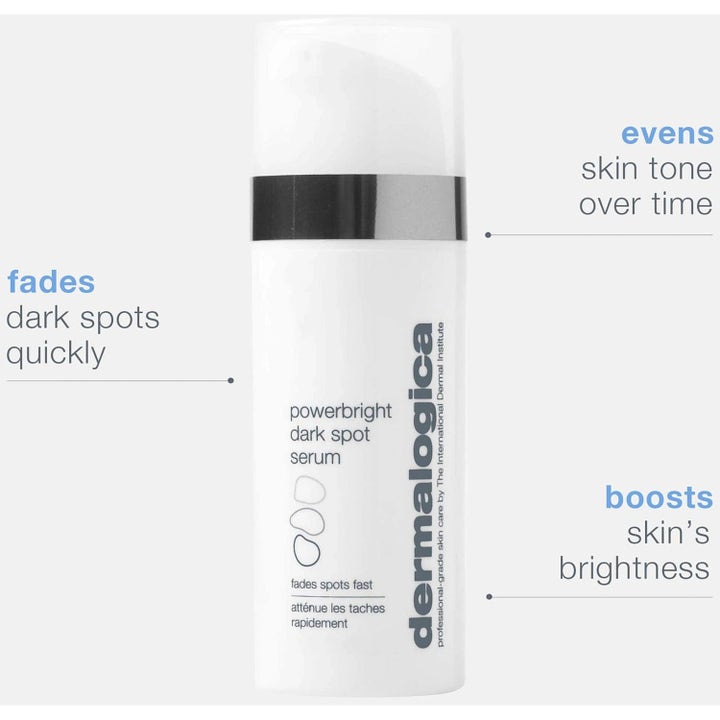 Dermalogica PowerBright Dark Spot Serum Duo med niacinamid mot pigmentfläckar i vit pumpflaska med silverband.