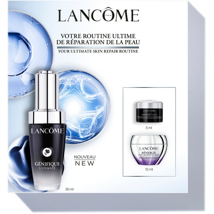 Lancôme Your Ultimate Skin Repair Routine set som reparerar huden i svart glasflaska och lyxiga burkar med silverlock.