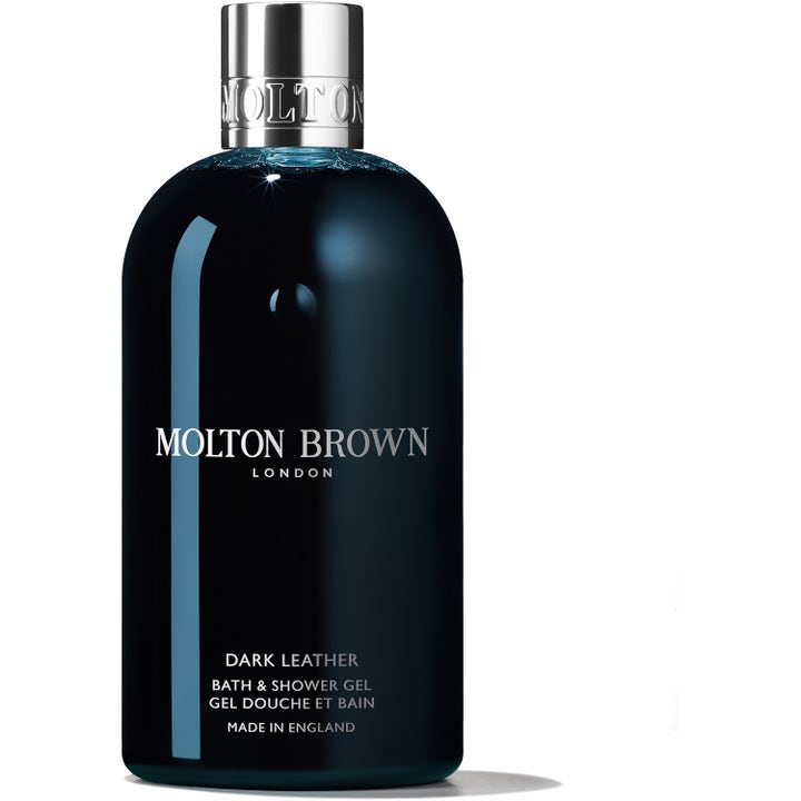Molton Brown Dark Leather duschgel 300 ml ger en maskulin träig doft i en stilren mörk flaska med silverlock