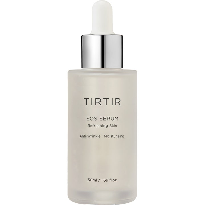 TIRTIR SOS Serum 50ml anti-age serum återfuktande i en frostad glasflaska med silvrig detalj och vit pipett