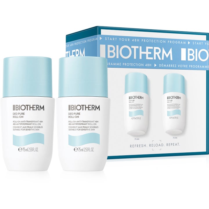 Biotherm Deo Pure Roll-On 2 x 75 ml antiperspirant för känslig hud i vita flaskor med ljusblå lock framför boxen
