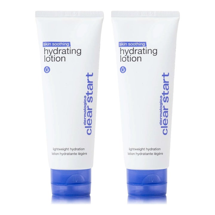 Dermalogica Clear Start Skin Soothing Hydrating Lotion lugnande ansiktskräm i två vita tuber med blå lock