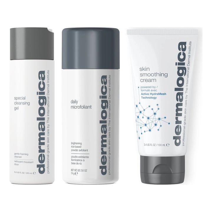 Dermalogica Special Cleansing Gel 250ml Daily Microfoliant 74g och Skin Smoothing Cream 100ml ger lyster i vita förpackningar