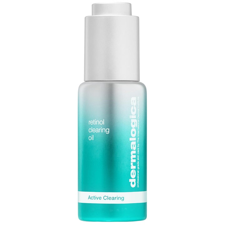 Dermalogica Retinol Clearing Oil 30 ml ansiktsolja mot orenheter i en silverflaska med turkos gradient och pipett.