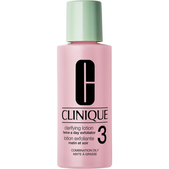 Clinique Clarifying Lotion 3 exfolierande ansiktsvatten i en rosa flaska med mintgrönt lock som ger lyster