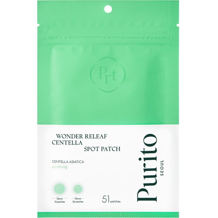 Purito Wonder Releaf Centella Spot Patch 51 st fläcklapp för punktbehandling i grön och vit plastförpackning