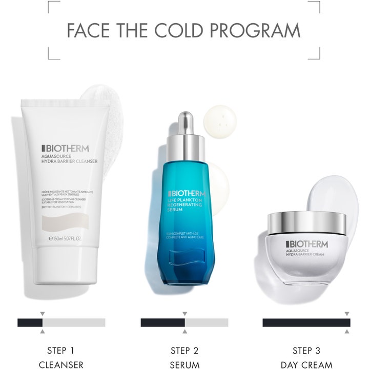 Biotherm Aquasource Hydra Barrier Cleanser 150 ml ansiktsrengöring för känslig hy i vit tub visas med serum och kräm.