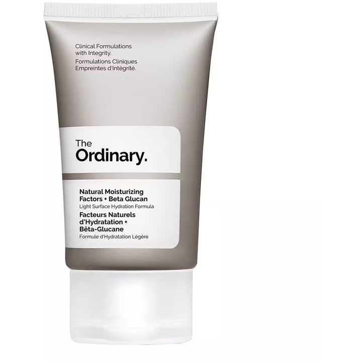 The Ordinary Natural Moisturizing Factors + Beta Glucan återfuktande ansiktskräm i grå plasttub med vitt lock.