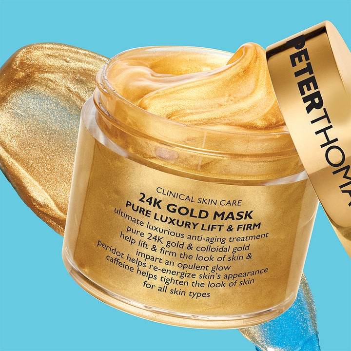 Peter Thomas Roth 24K Gold Mask 50 ml ansiktsmask med lyftande effekt visar en skimrande guldtextur i öppen burk.