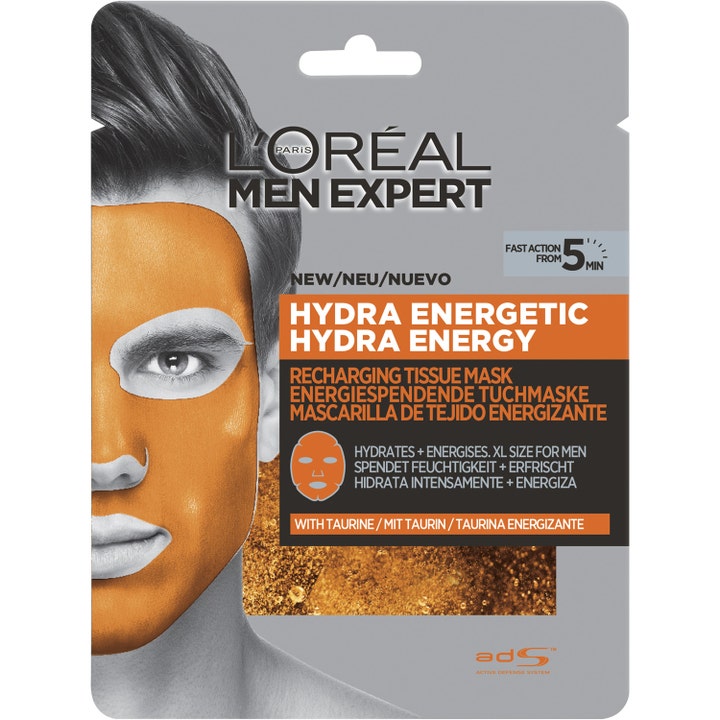 L'Oréal Men Expert Hydra Energetic 1 st 5-minuters återfuktande ansiktsmask i grå förpackning med orange grafik.
