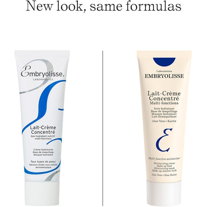 Embryolisse Lait-Crème Concentré 75 ml återfuktande ansiktskräm visar ny beige tub bredvid klassisk vit design.