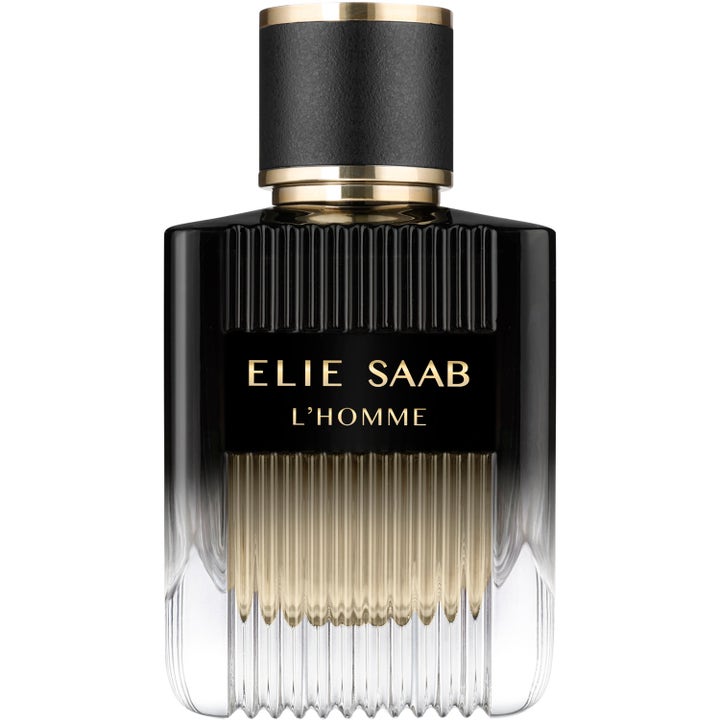 Elie Saab L'Homme Eau de Parfum 50ml herrparfym i en räfflad glasflaska med svart överdel och guldfärgade detaljer