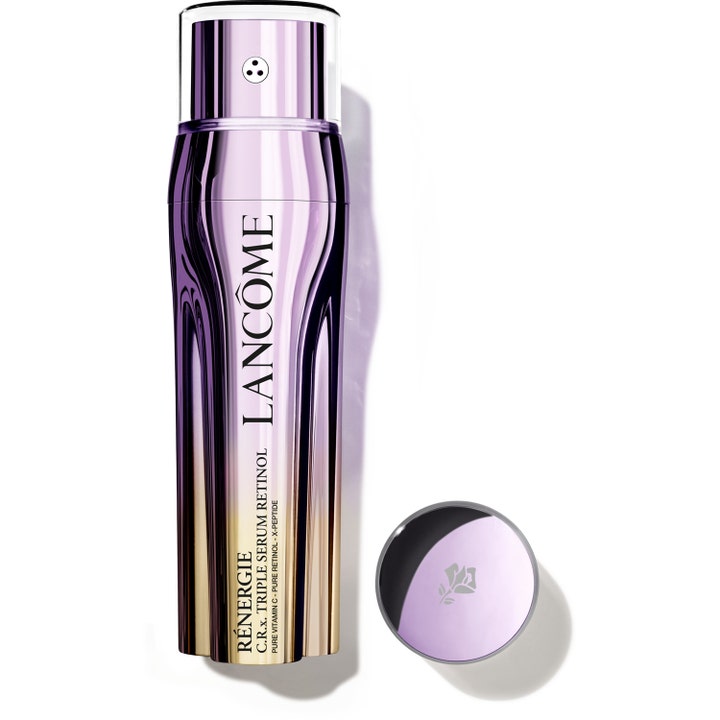 Lancôme Rénergie C.R.X. Triple Serum Retinol 50 ml förnyar huden i en glänsande lila och guldmetallisk pumpflaska.
