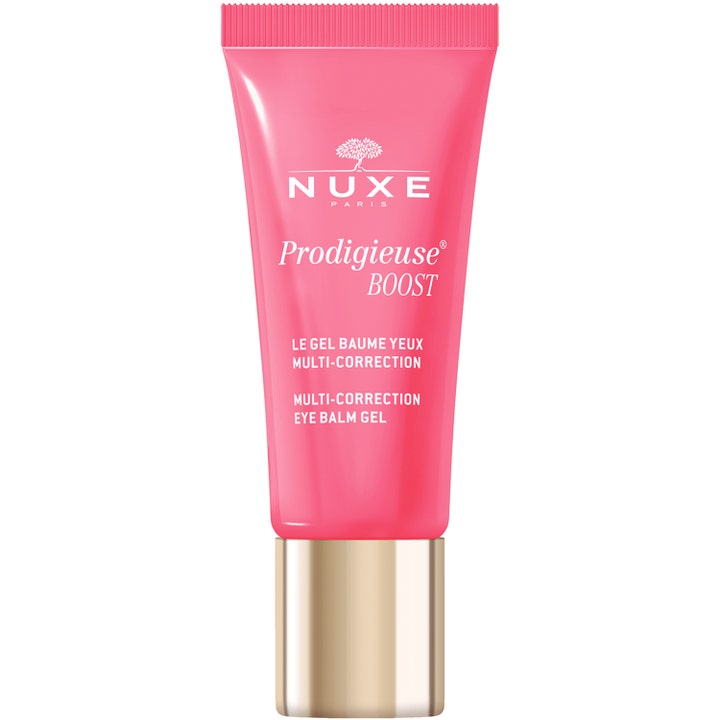 Nuxe Prodigieuse Boost Multi-Correction Eye Balm Gel 15 ml anti-age ögonkräm mot mörka ringar i en rosa tub med guldkork.