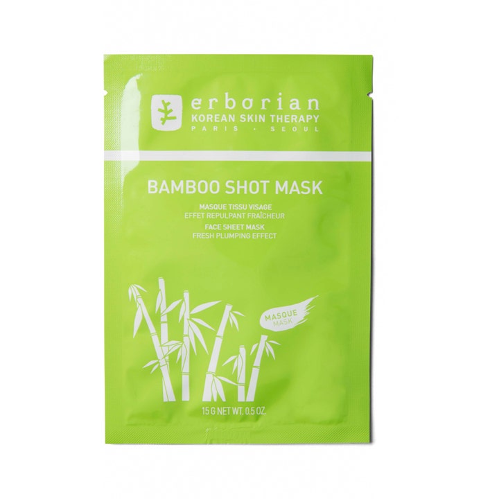 Erborian Bamboo Shot Mask 15g återfuktande ansiktsmask som ger plumpande effekt i limegrön sachet med bambumotiv.