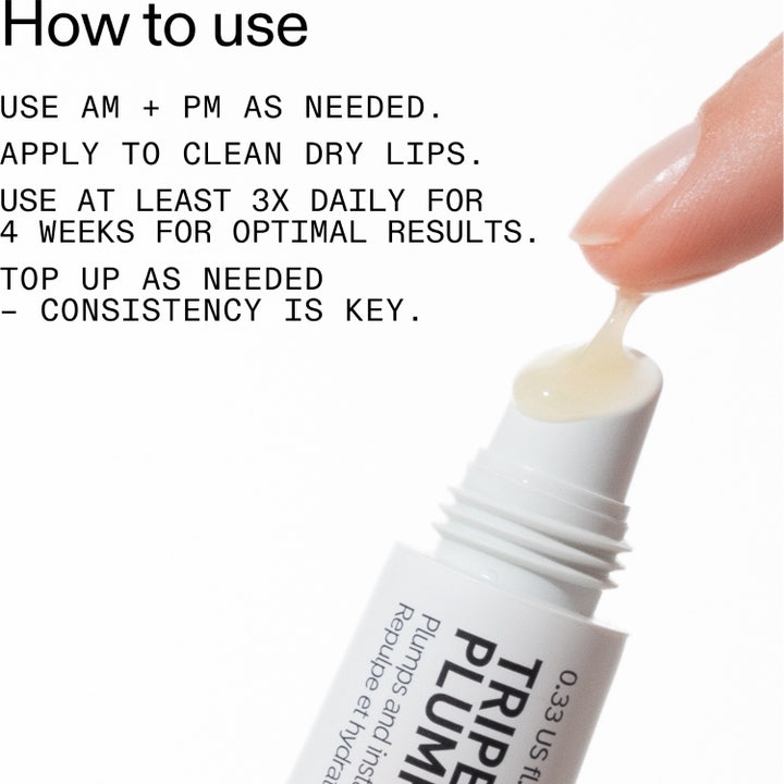 The INKEY List Tripeptide Plumping Lip Balm 10 ml läppbalsam med tripeptid ger utfyllnad, visas med texten How to use och gel.
