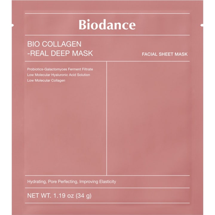 Biodance Bio Collagen Real Deep Mask 34 g återfuktande sheet mask i en rosa förpackning med vit text.