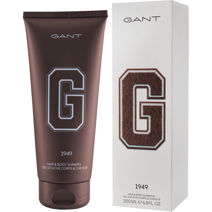 GANT 1949 Hair & Body Shower Gel 200 ml 2-i-1 duschgel herr i brun tub och vit box med stor G-logotyp