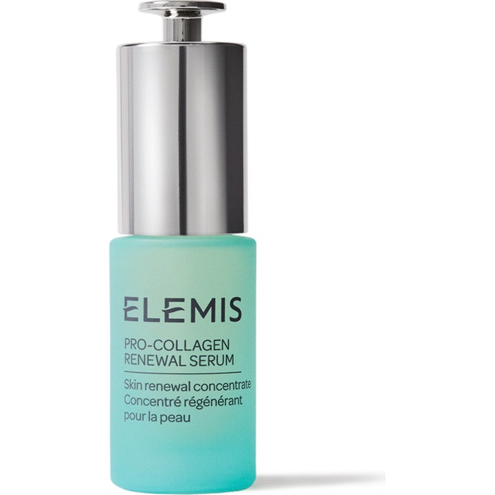 Elemis Pro-Collagen Renewal Serum 15 ml ger hudföryngring i en turkos frostad glasflaska med silverpump.
