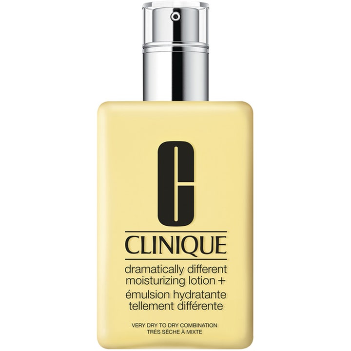Clinique Dramatically Different Moisturizing Lotion+ återfuktande ansiktslotion i gul flaska med silverpump för torr hy