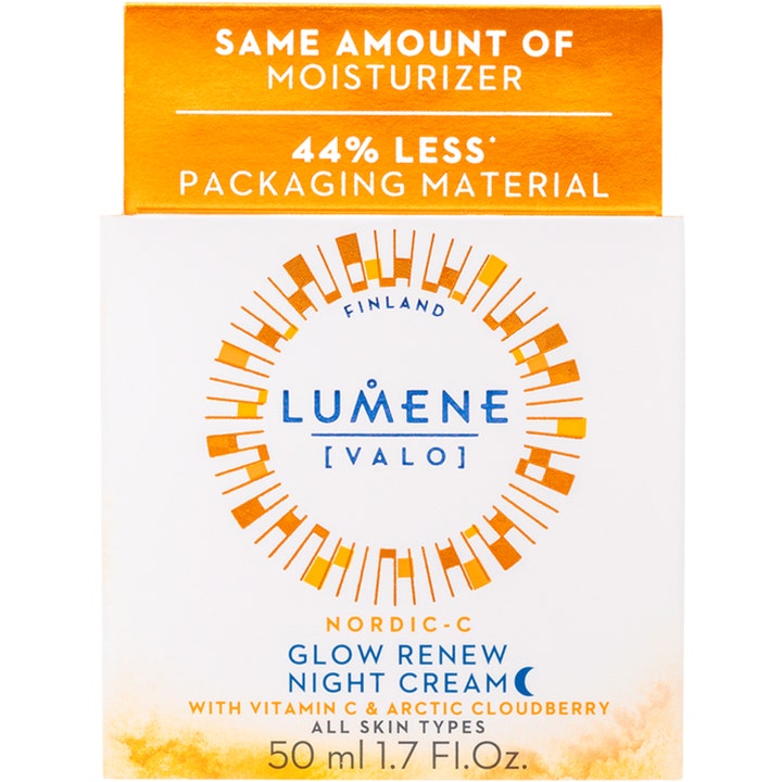 Lumene Nordic-C Glow Renew Night Cream 50 ml intensivt återfuktande nattkräm i vit box märkt 44% less packaging material.