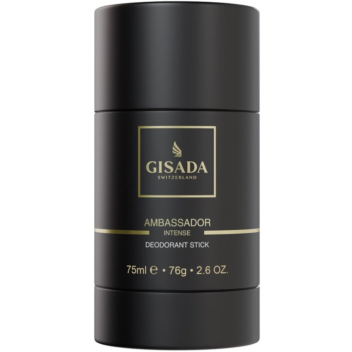 Gisada Ambassador Intense 75 ml herrdeodorant i stiftform i en elegant mattsvart förpackning med guldtext.