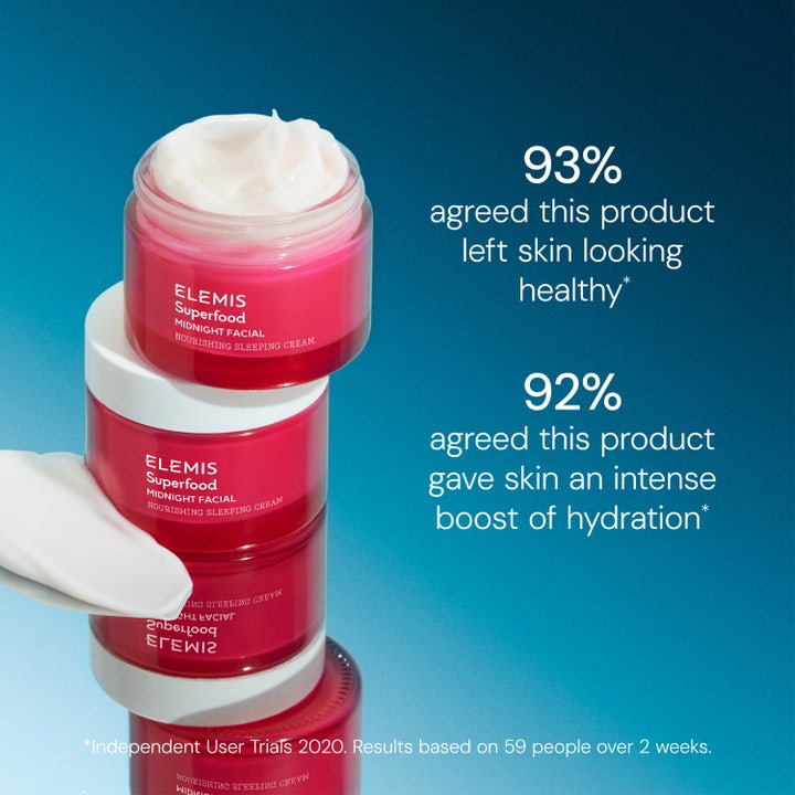 Elemis Superfood Midnight Facial 50 ml lyxig återfuktande nattmask i rosa glasburk med krämig vit textur.