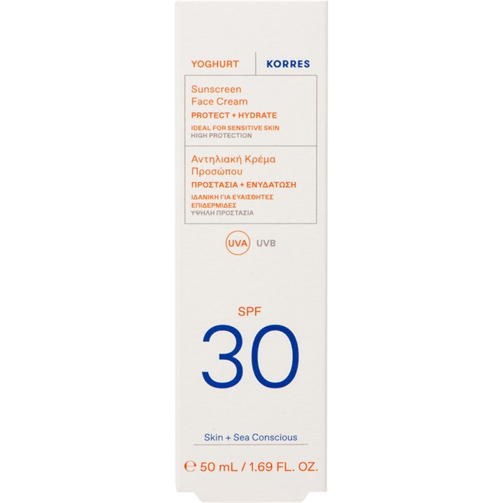 KORRES Yoghurt Face Sunscreen 50 ml i ytterförpackning ger solskydd för känslig hy med SPF 30.