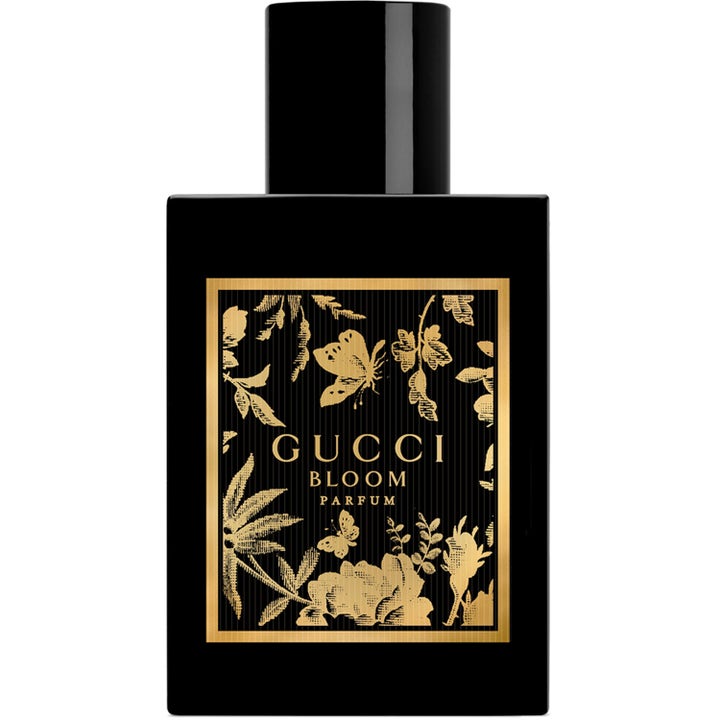 Gucci Bloom Parfum 50 ml blommig parfym i en svart rektangulär flaska med guldiga fjärilar och blommor