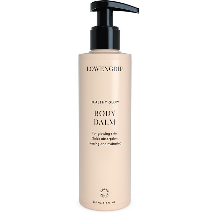 Löwengrip Healthy Glow Body Balm 200 ml fuktgivande kroppsbalsam ger hudlyster i beige flaska med svart pump.