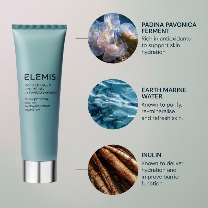 Elemis Pro-Collagen Hydrating Cleansing Mousse 125 ml återfuktande rengöring i blå tub med inulin och havsvatten.