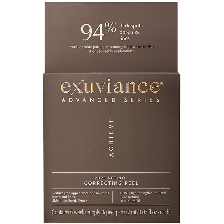 Exuviance Advanced Series Pure Retinol Correcting Peel 6 pads retinolpeeling för antiåldrande exfoliering i brun box.