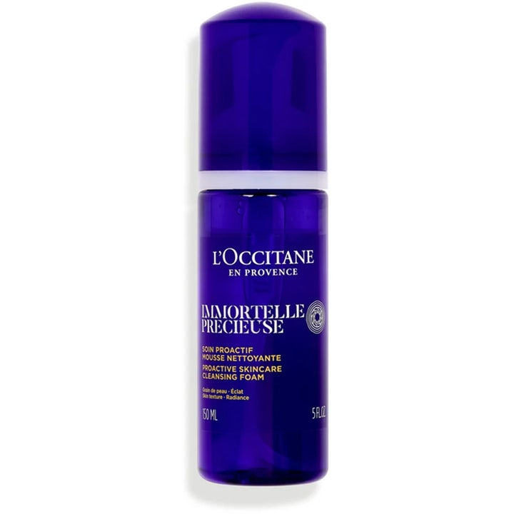 L'Occitane Immortelle Precieuse 150 ml naturlig ansiktsrengöring anti-age i mörklila genomskinlig plastflaska.
