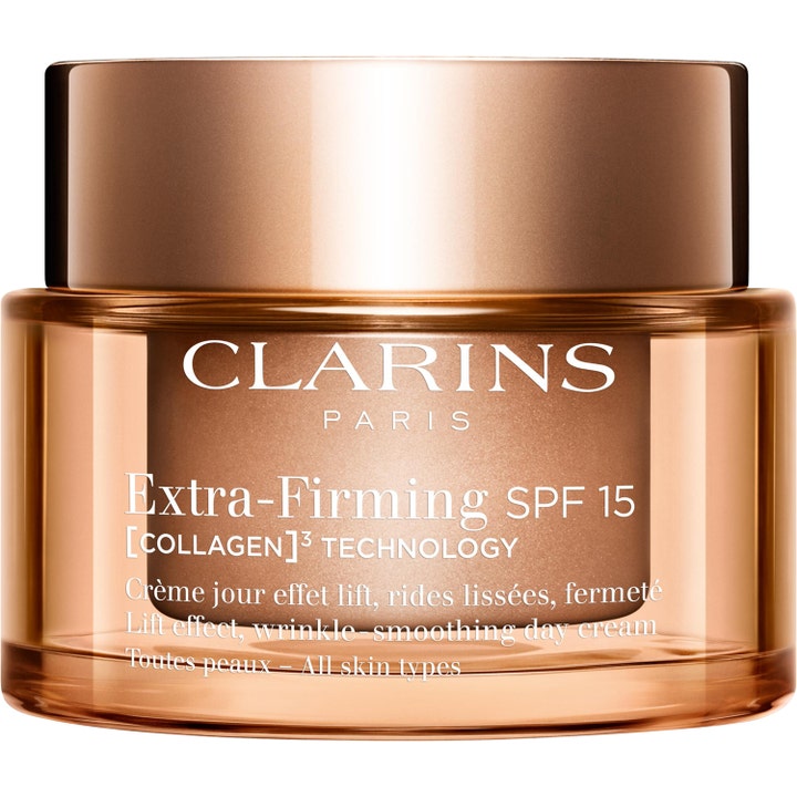 Clarins Extra-Firming SPF 15 50 ml lyftkräm ansikte i lyxig guldfärgad glasburk som ger rynkslättande effekt.