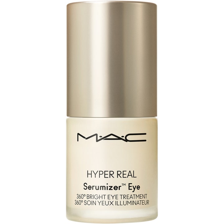 MAC Hyper Real Serumizer Eye 360 graders ögonbehandling i frostad glasflaska med lyxigt guldfärgat lock.