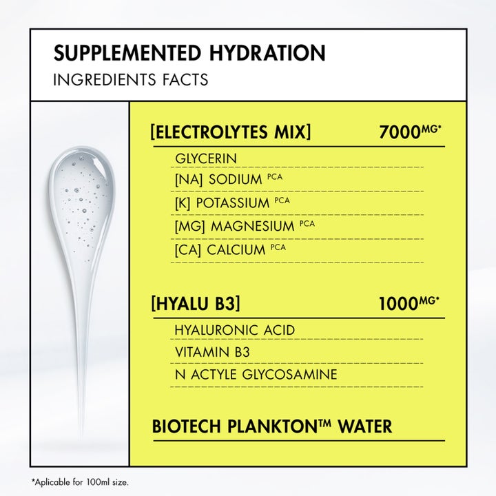 Biotherm Aquasource+ Electrolyte Dewy Gel 100 ml återfuktande gel visar ingrediensfakta om elektrolyter och hyaluronsyra.
