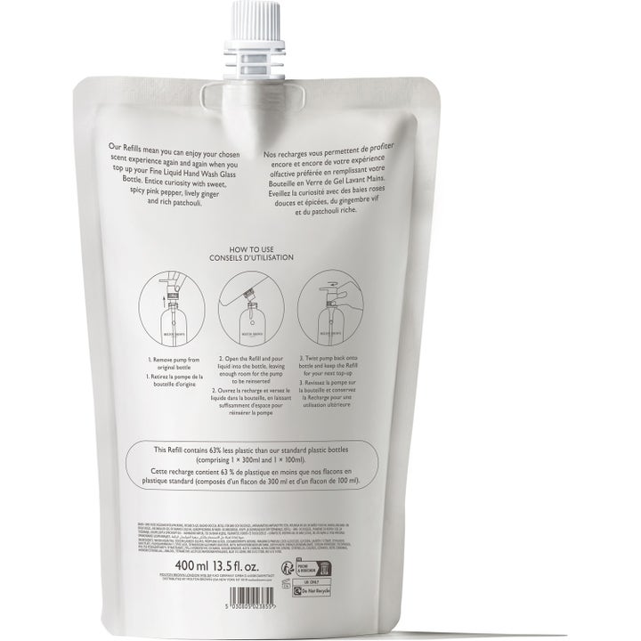 Molton Brown Fiery Pink Pepper 400 ml kryddig handtvål refill i vit plastförpackning med användarinstruktioner