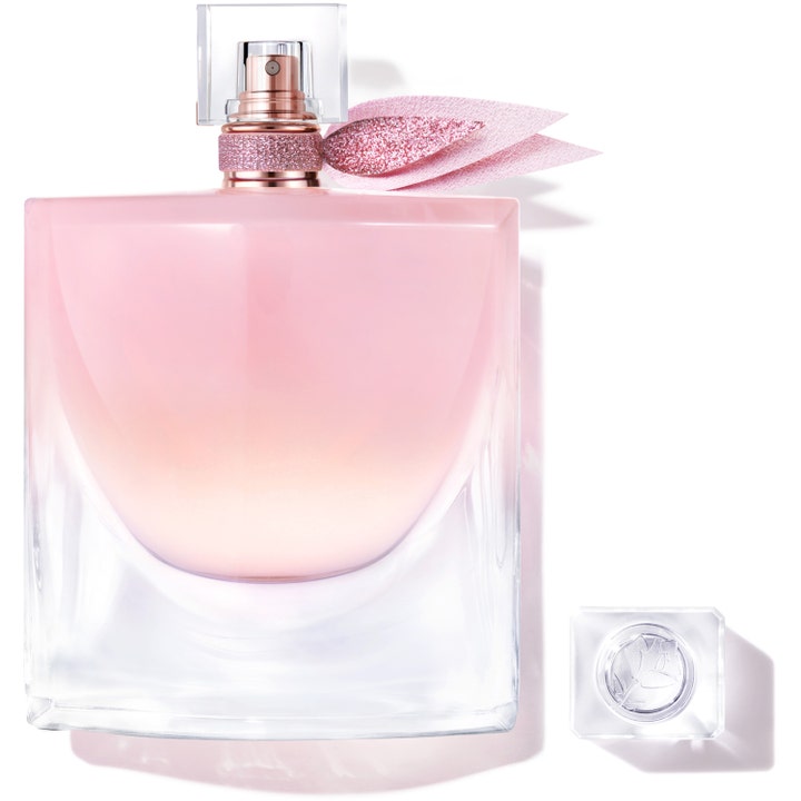 Lancôme La vie est belle Vanille Nude 100 ml parfym i en elegant glasflaska med rosa vätska och glittrig rosett