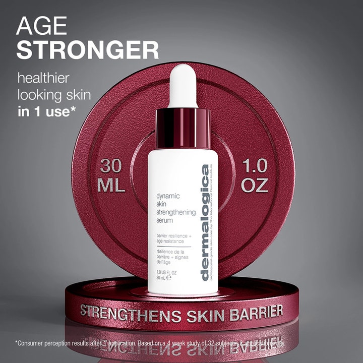 Dermalogica Dynamic Skin Strengthening Serum 30 ml hudstärkande serum framför en röd metallisk viktskiva