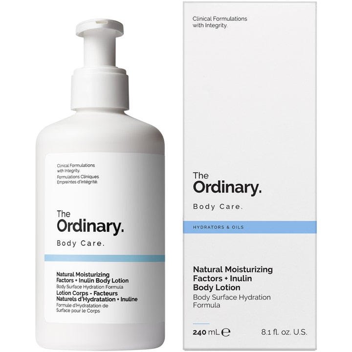 The Ordinary NMF Inulin Body Lotion 240 ml hudvårdande återfuktande bodylotion i vit pumpflaska med stilren ask.
