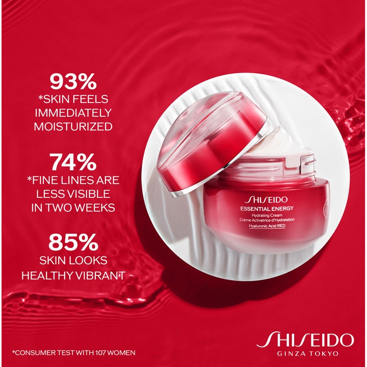 Shiseido Essential Energy Hydrating Cream 50 ml i röd glasburk ger huden lyster och djup återfuktning