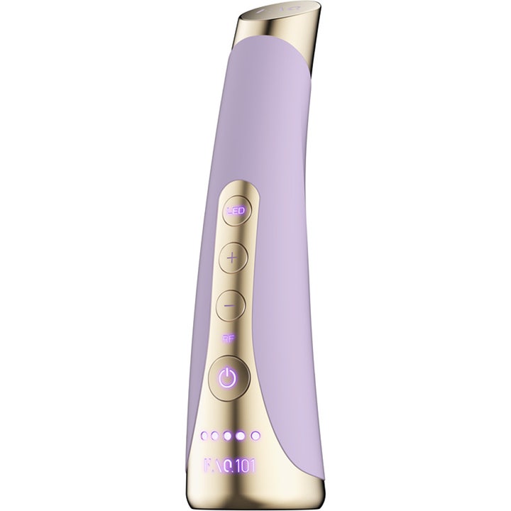 FAQ Swiss FAQ 101 LED-Pulse Facial Device Amethyst ansiktsapparat i lila silikon med gulddetaljer.