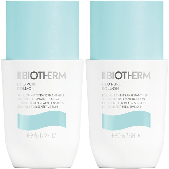 Biotherm Deo Pure Roll-on 2x75ml antiperspirant med 48h skydd i två vita flaskor med ljusblå lock och våglogotyp.