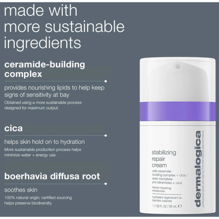 Dermalogica Stabilizing Repair Cream 15 ml ansiktskräm för skadad hudbarriär med cica i vit pumpflaska med lila band