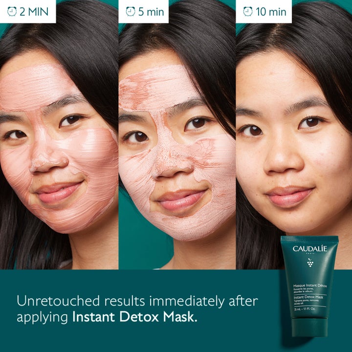 Caudalie Instant Detox Mask 35 ml ansiktsmask som drar samman porer visar rosa lera och resultat i tre steg.