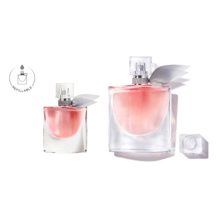 Lancôme La Vie Est Belle EdP 50 ml blommig parfym i påfyllningsbara glasflaskor med rosa vätska och silverband
